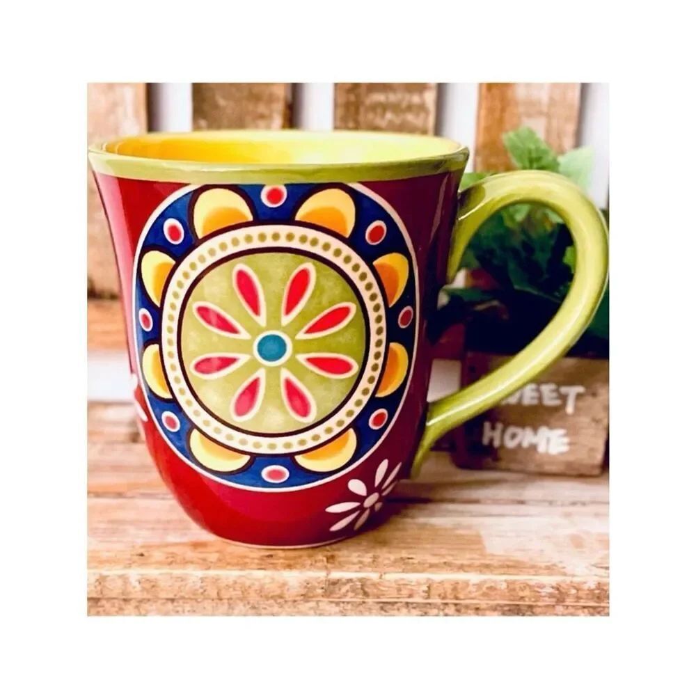 NWT Gorgeous Pier 1 Red Blue Ironstone MEXICALI Floral Rustic Coffee Mug